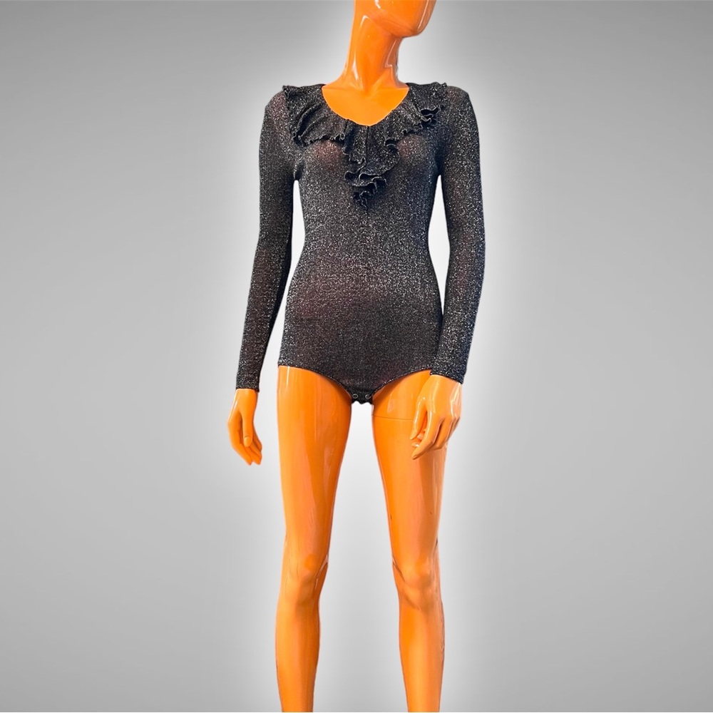 Vintage Ruffle V Neck Long Sleeve Metallic Bodysuit